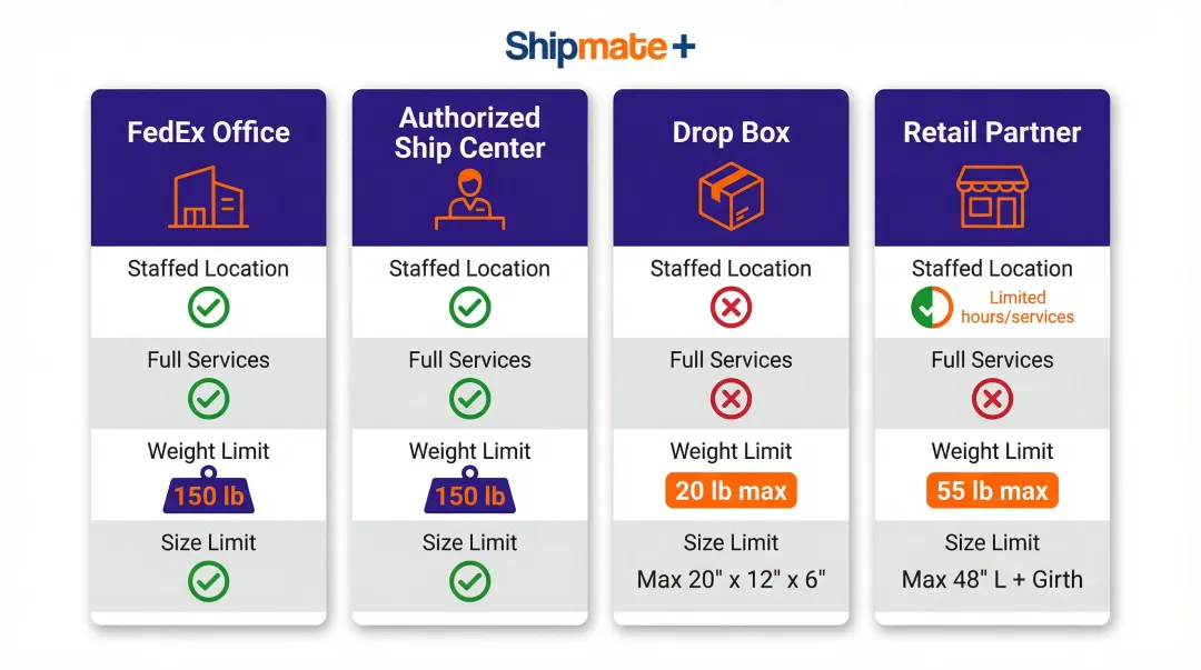 FedEx drop-off location types comparison chart with limits and services