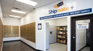 ShipMate Plus Vista CA private mailbox lobby with secured package receiving area
