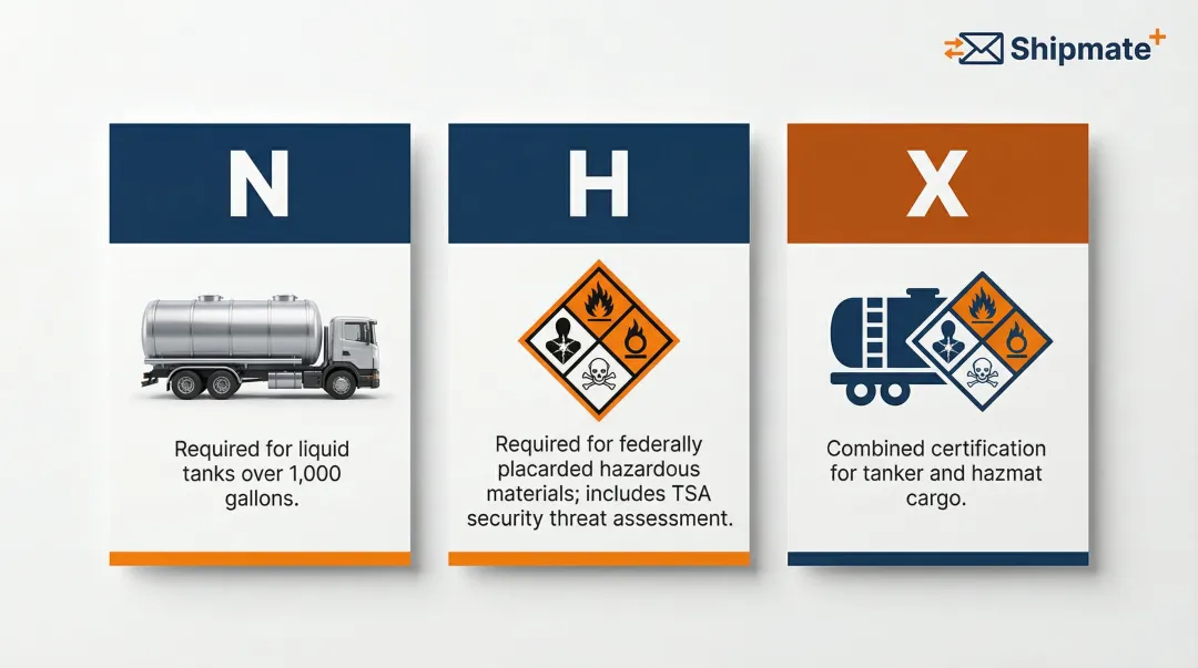 Three CDL endorsement types required for specialized freight truck cargo
