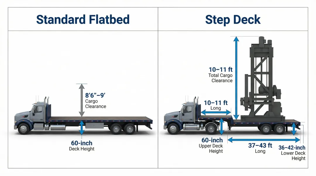 Step deck versus standard flatbed truck height clearance comparison diagram