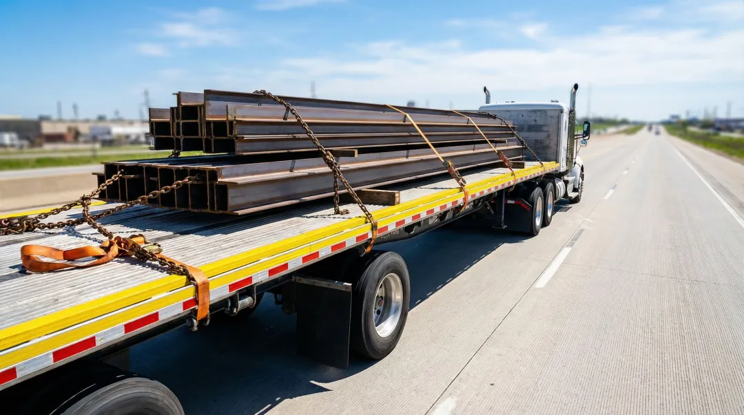 Flatbed truck loaded with steel beams secured with cargo straps on highway