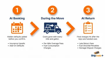 Three-stage U-Haul rental cost breakdown from booking to return