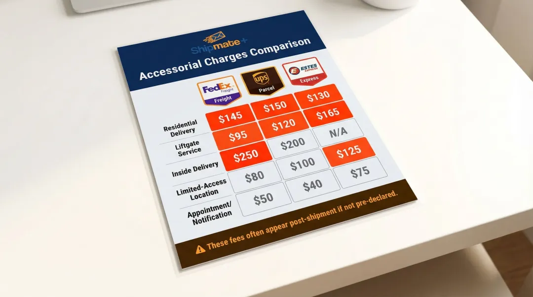 Accessorial freight charges comparison table across FedEx UPS and Estes Express carriers