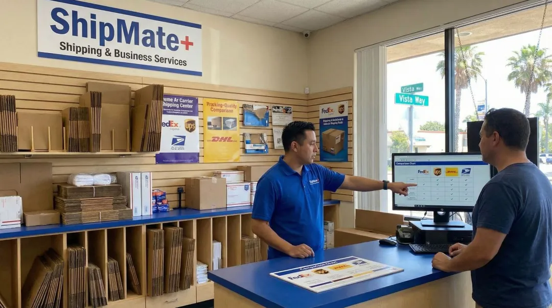 ShipMate+ staff comparing FedEx UPS and USPS freight rates at shipping counter
