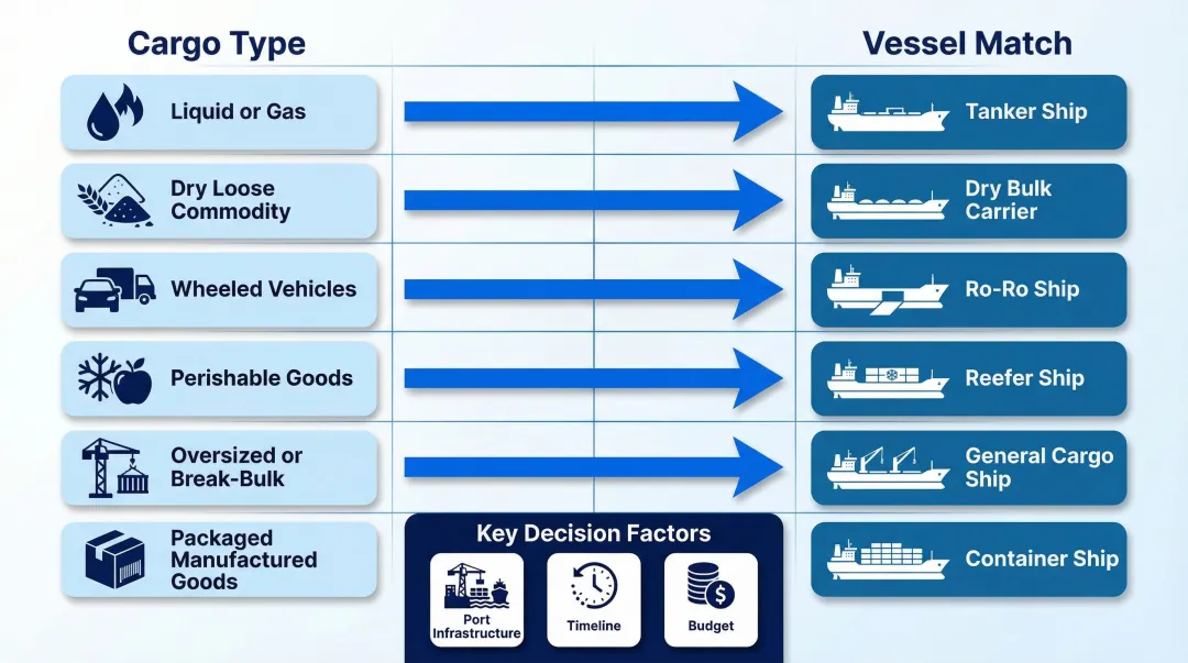 Freight ship selection decision guide matching cargo type to vessel type