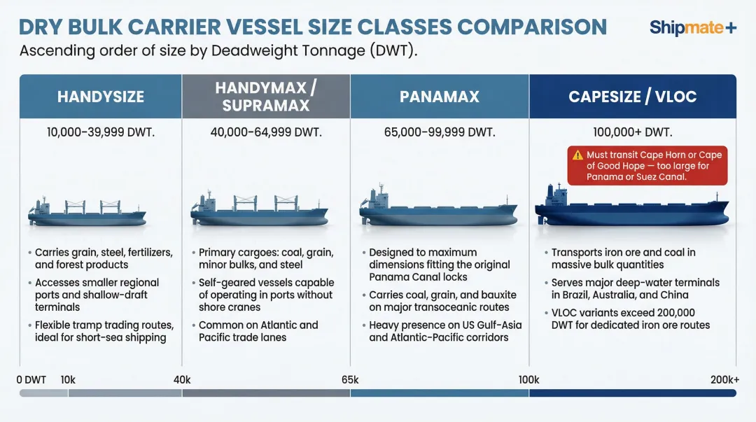 Dry bulk carrier size classes comparison from Handysize to Capesize by deadweight tonnage