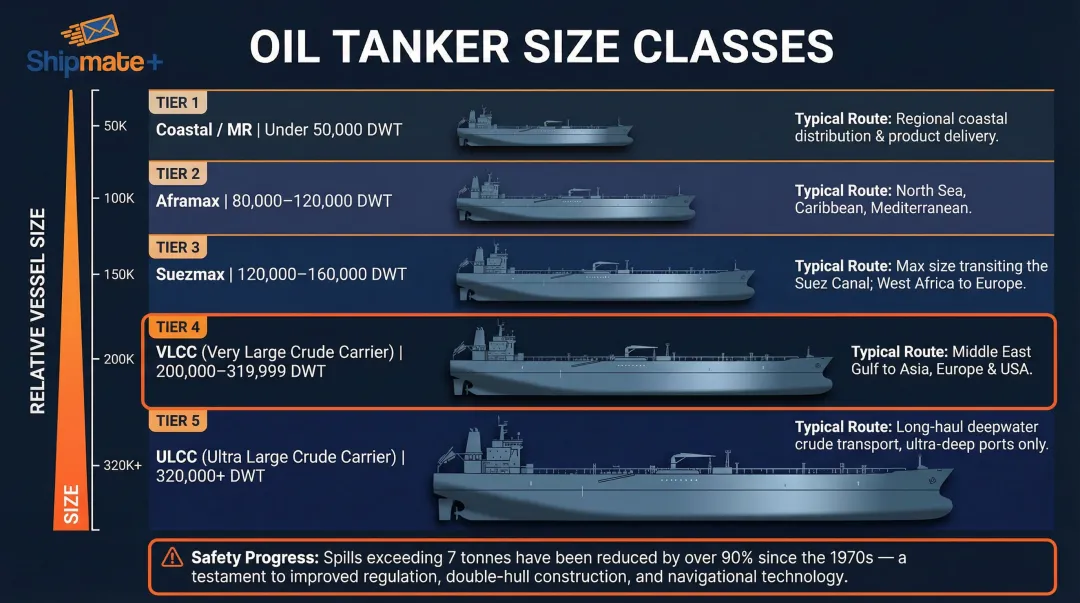 Tanker size classification chart from coastal MR to ULCC by deadweight tonnage and route