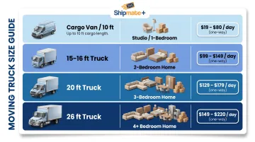 Moving truck size guide by bedroom count for one-way rentals infographic