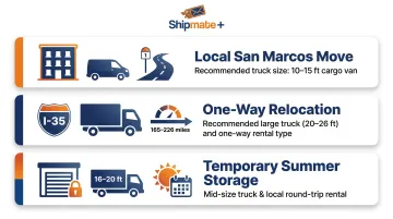 Three common Texas State student moving scenarios compared by distance and truck type