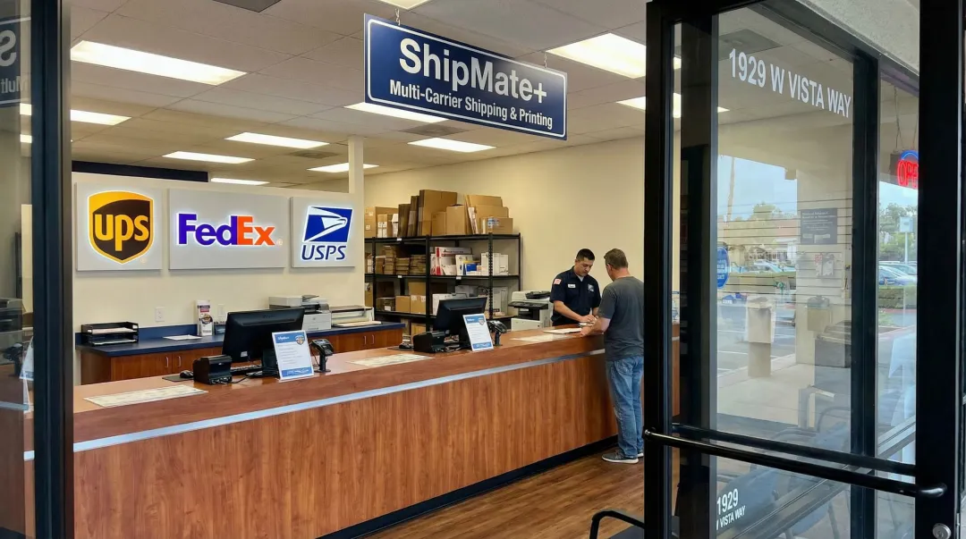 ShipMate Plus Vista CA multi-carrier shipping counter with UPS FedEx and USPS signage