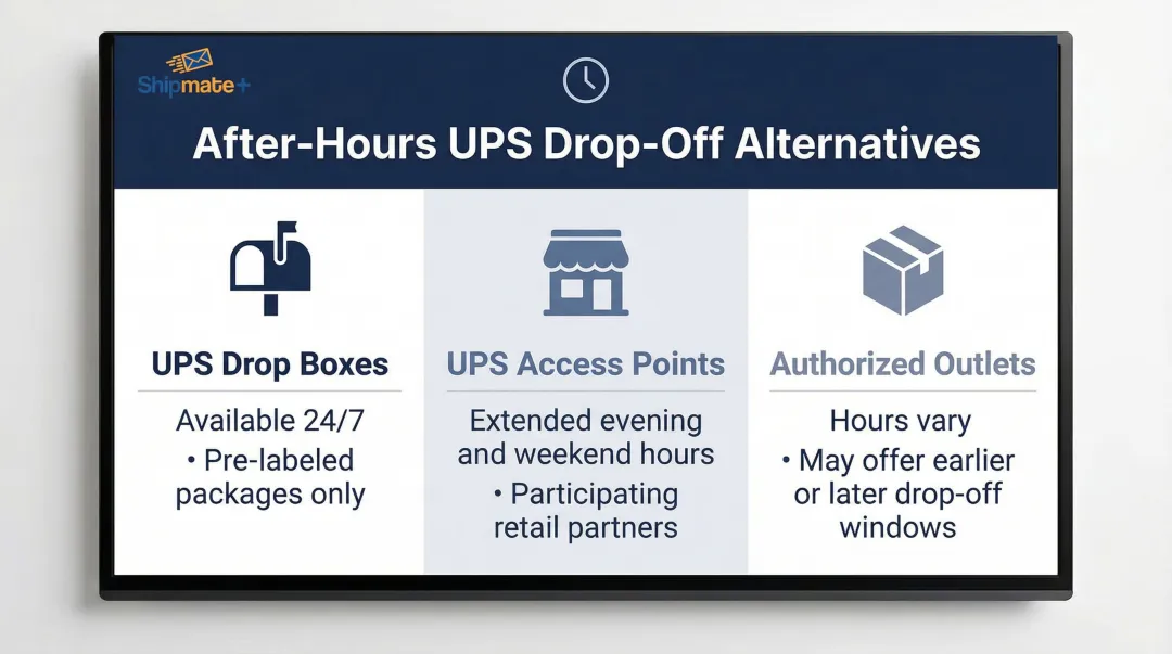 Three after-hours UPS drop-off options comparison including drop boxes and access points