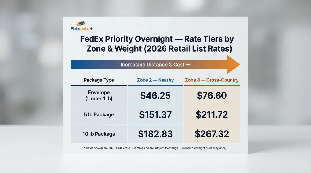 FedEx Priority Overnight zone-based pricing comparison table by weight and distance