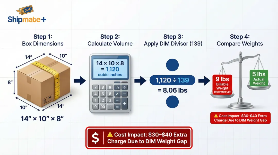 FedEx dimensional weight calculation step-by-step example showing billable weight difference