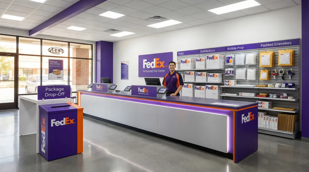 FedEx authorized ship center storefront with drop-off counter and packaging supplies
