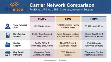FedEx UPS USPS drop-off location comparison chart with network size and retail partners