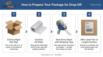 4-step package preparation checklist before shipping drop-off infographic