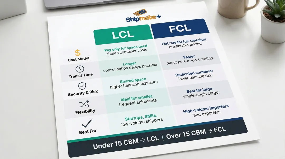 LCL versus FCL side-by-side shipping comparison chart with five key factors