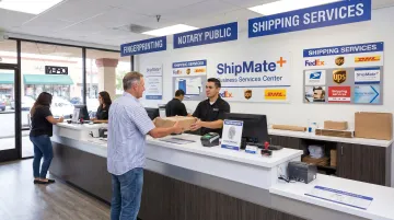 ShipMate Plus Vista storefront offering Live Scan notary and passport services