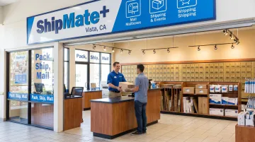 ShipMate Plus Vista CA storefront showing mailbox rental and pack-and-ship services