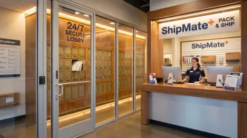 ShipMate Plus Vista CA storefront interior showing secure mailbox lobby and service counter