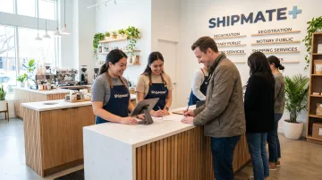 ShipMate Plus Vista CA storefront counter showing registration and shipping services available
