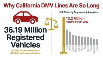 California DMV vehicle registration statistics showing 36 million registered vehicles across 214 offices