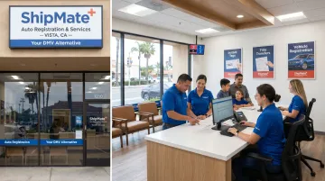 ShipMate Plus Vista location storefront offering auto registration and DMV services