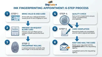 6-step ink fingerprinting appointment process from ID check to card mailing