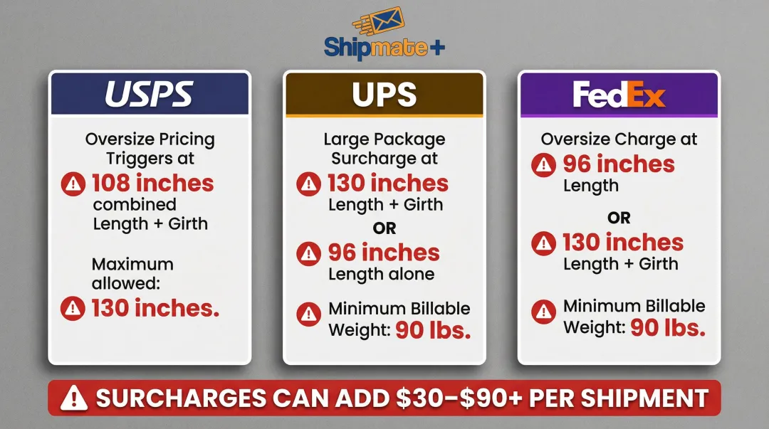 USPS UPS FedEx oversize package surcharge rules and billable weight thresholds comparison