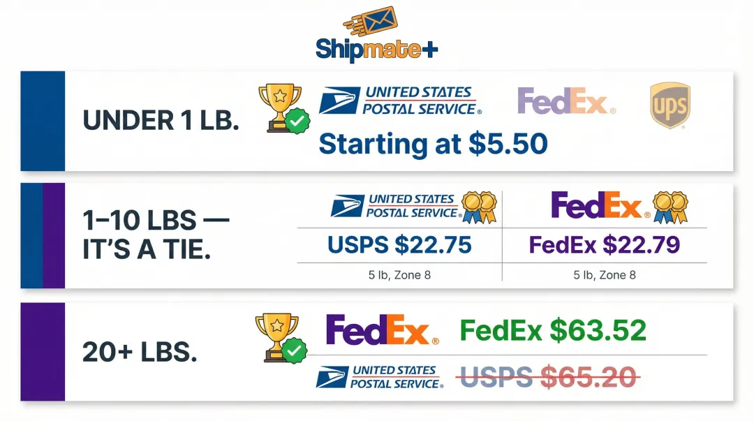 USPS UPS FedEx cheapest carrier comparison by package weight category breakdown