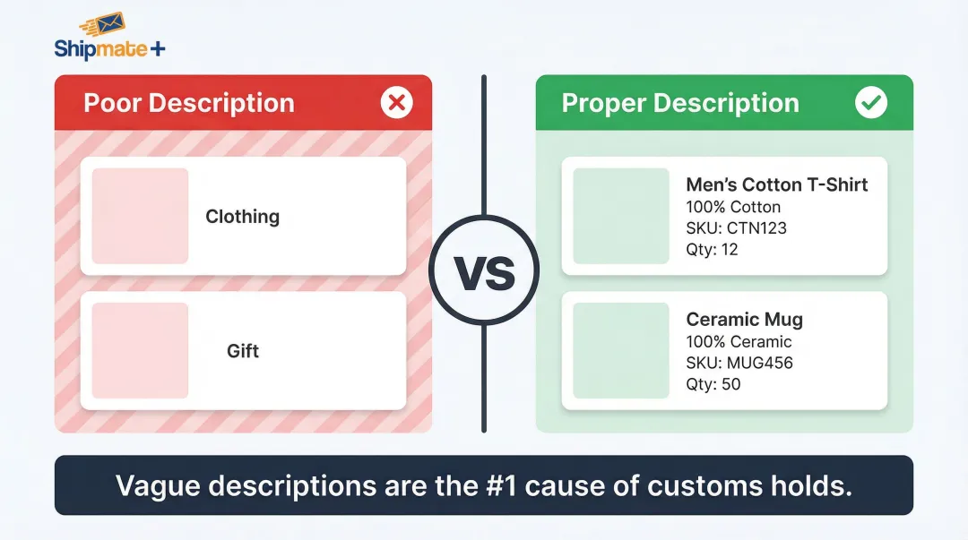 Poor versus proper customs item description examples for Canada shipments side-by-side
