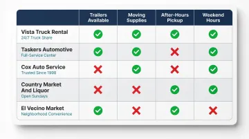 Vista CA U-Haul dealer comparison chart showing hours trailers supplies and after-hours access