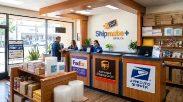 ShipMate Plus Vista CA shipping center counter with FedEx UPS and USPS services