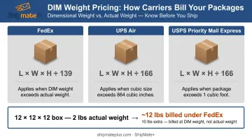 DIM weight formula comparison chart for FedEx UPS and USPS overnight shipping