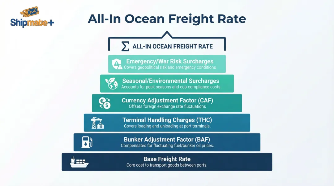 Ocean freight rate components breakdown including base rate surcharges and fees infographic