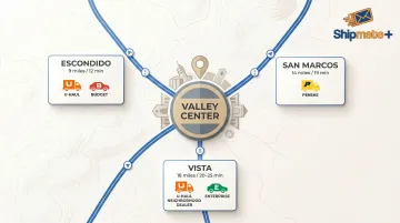 Map comparison of box truck rental locations near Valley Center CA with distances