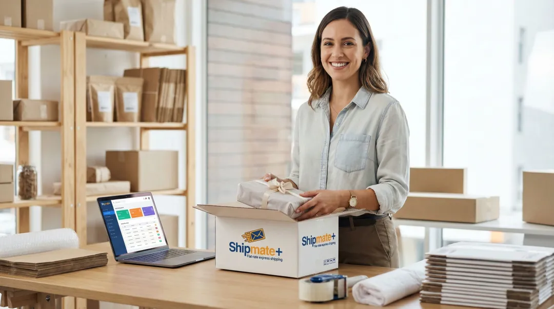 Small business owner packing ecommerce shipment into FedEx branded box