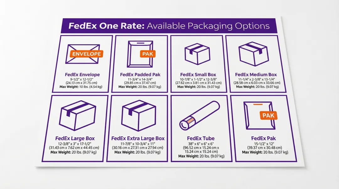 FedEx One Rate packaging options sizes and weight limits visual guide