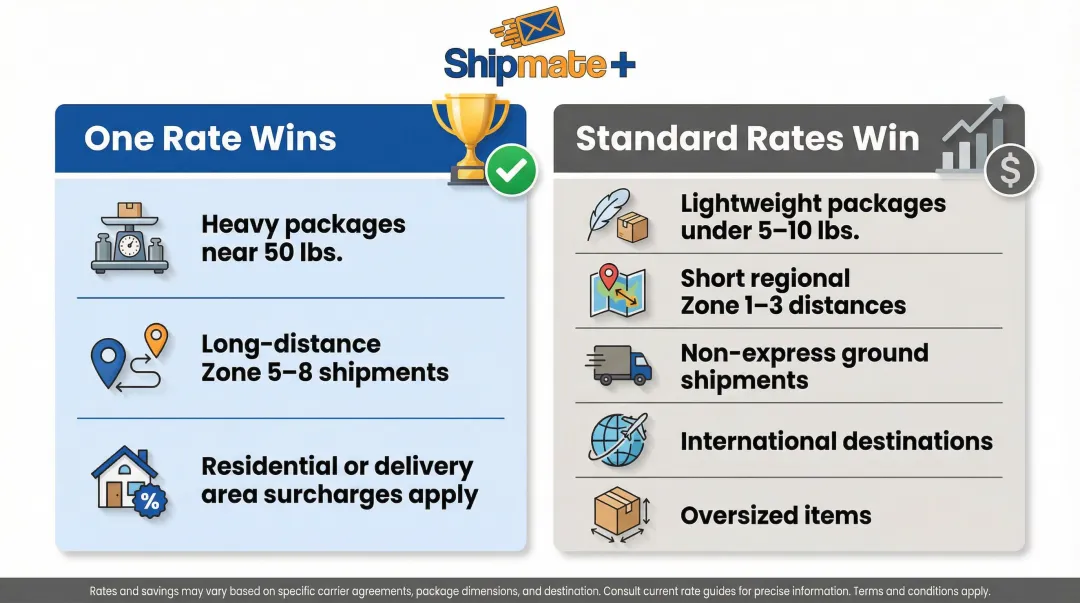 FedEx One Rate versus standard rates comparison showing when each option wins
