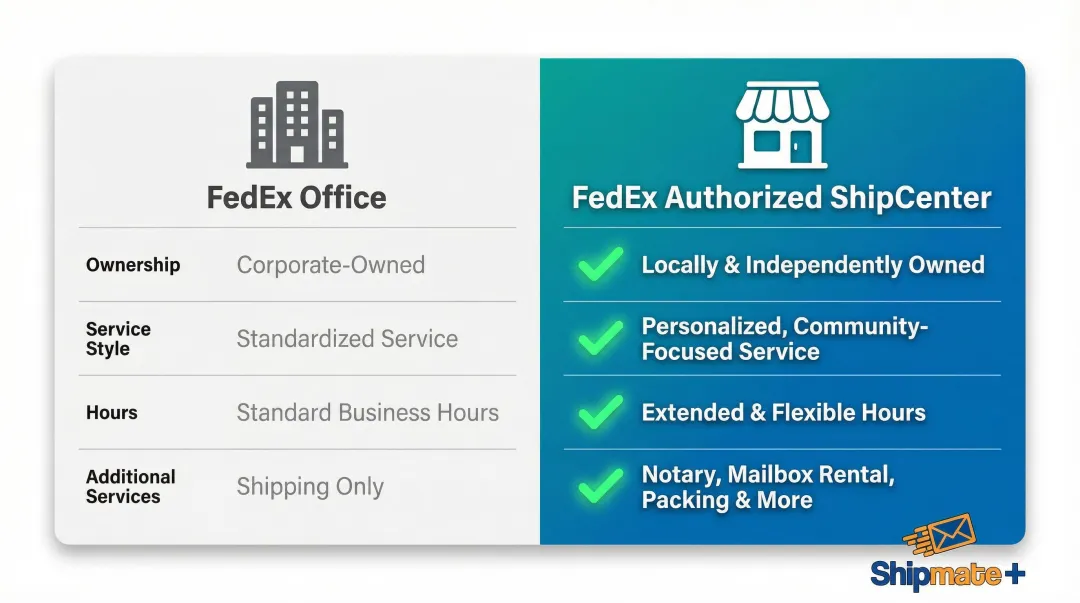 FedEx Office versus FedEx Authorized ShipCenter side-by-side feature comparison chart