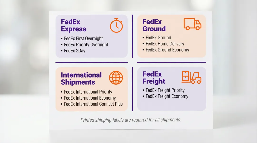 FedEx Authorized ShipCenter accepted services including Express Ground and International shipments