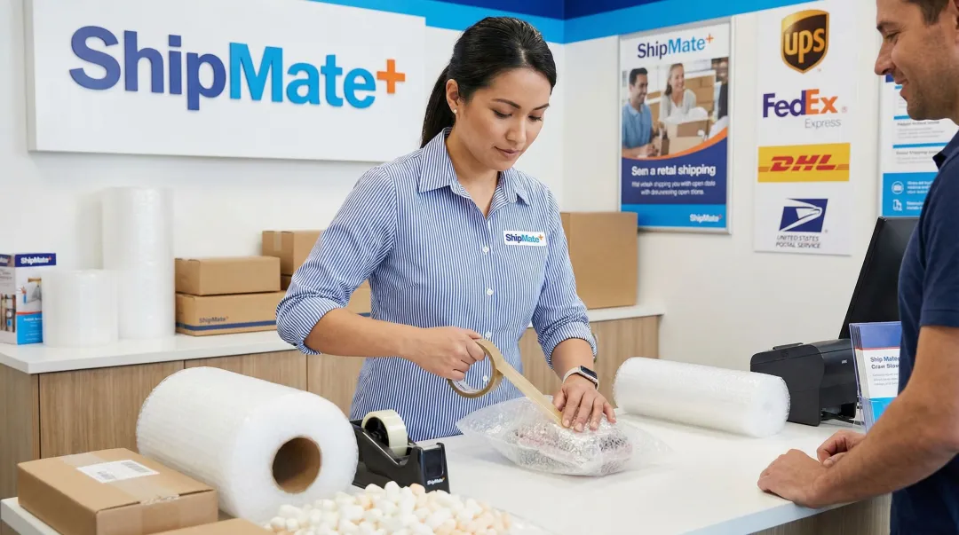 ShipMate Plus staff professionally packing fragile item at Vista CA shipping counter