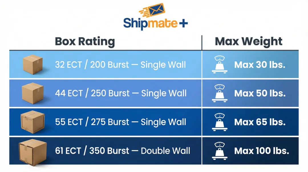 Box strength rating chart comparing ECT burst ratings and maximum weight limits