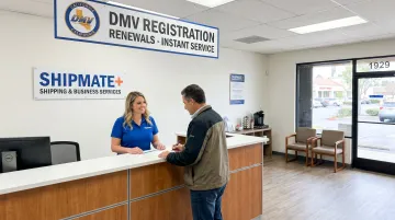 ShipMate+ Vista storefront registration service counter with staff assisting customer