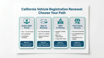 Four California car registration renewal methods comparison infographic