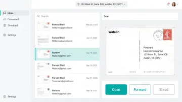 Virtual mailbox mobile app interface showing scanned mail and forwarding options