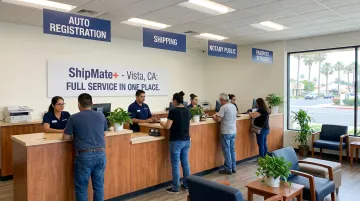 ShipMate Plus Vista CA multi-service center interior showing registration and shipping counters