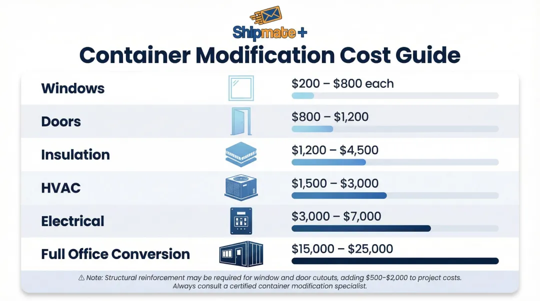 20ft container modification costs breakdown windows doors insulation HVAC electrical
