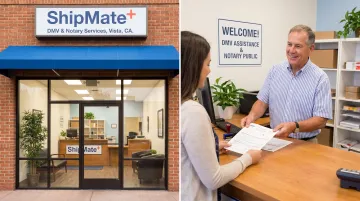 ShipMate Plus Vista location storefront offering DMV registration and notary services