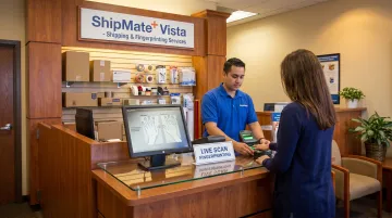 ShipMate Plus Vista location interior showing Live Scan fingerprinting service station